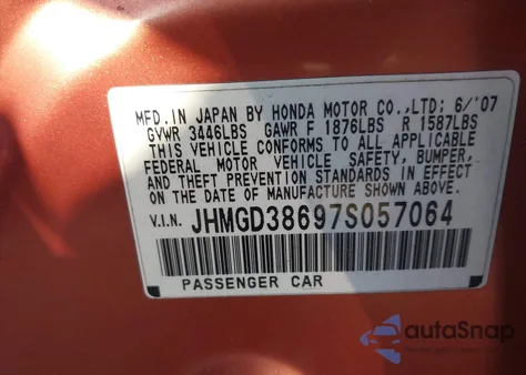 2007 Honda Fit Sport z USA, uszkodzony, nr VIN JHMGD38697S057064